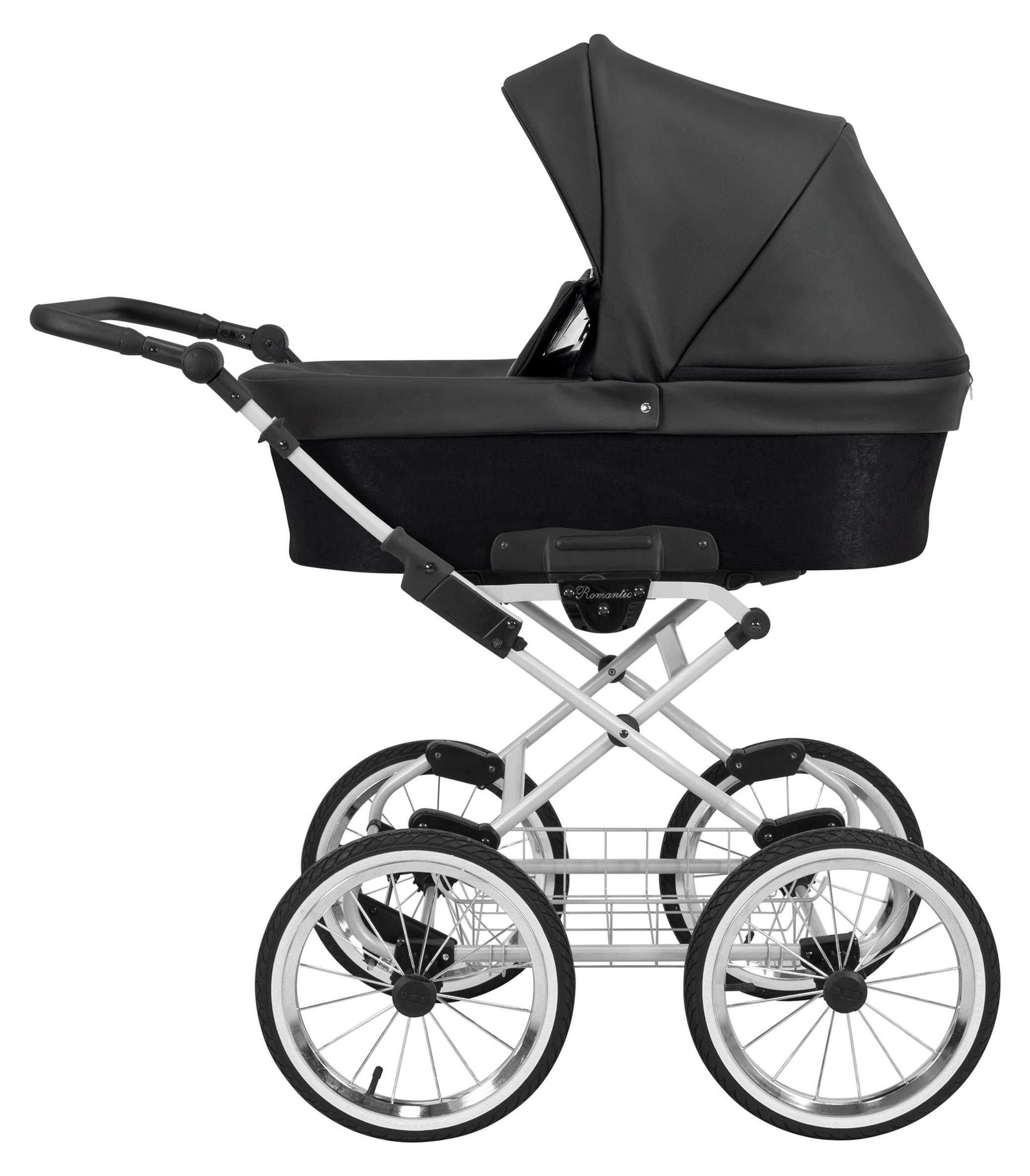 Kunert Romantic Kinderwagen mit Babywanne, silbernes Gestell, Luftreifen, Schwarz
