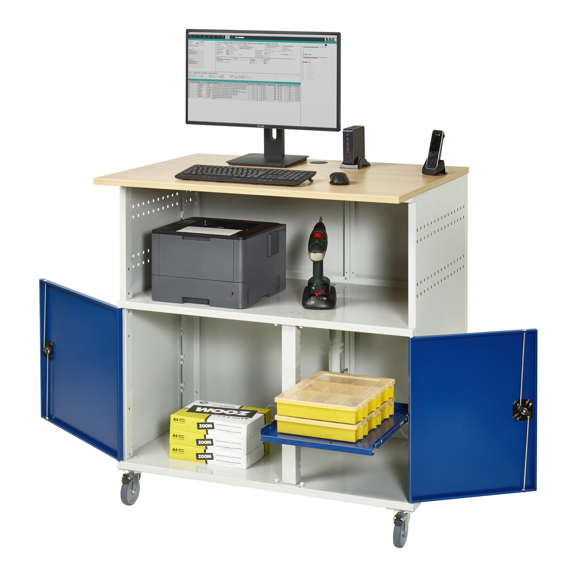 Rau Computer-Tisch ohne Monitorengehäuse mobil aus Stahlblech/Holz, BxTxH 1100x800x1100mm, 07-1023F.11)