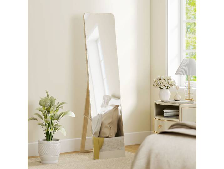 HOMCOM Miroir Rectangulaire Pied/Mural Bois Naturel 156H cm
