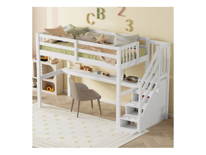 Merax Hochbett Etagenbett 90x200cm mit Schreibtisch und 4 Treppe, Kinderbett Kiefer
