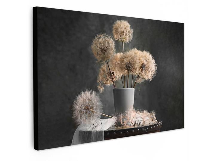 MuchoWow Leinwandbild - Blumensamen - Löwenzahn - Vase - Stilleben - Blumenstrauß - 120x80 - Kunstdruck, Dunkelgrau, Textil, Kiefer, Abstrakt, Rechteckig, 120x80 cm, gerahmt, Bilder & Rahmen, Bilder, Wandbilder
