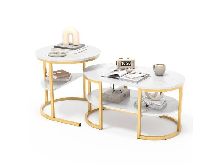Shopentra Couchtisch oval rund weiß marmoroptik goldgestell elegant, Mehrfarbig, Metall, 46x41x80 cm, Wohnzimmer, Wohnzimmertische, Couchtische