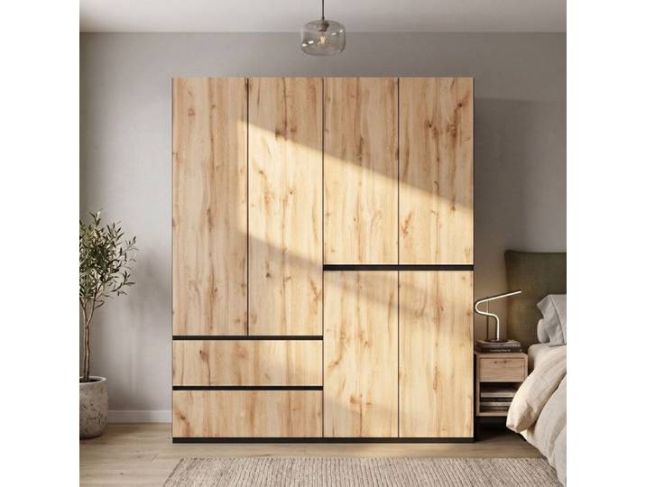 Armoire de Chambre - 180x50x200cm - 6 Portes Battantes 2 Penderies 5 Tiroirs Dressing Moderne Lingère - Chêne Artisan