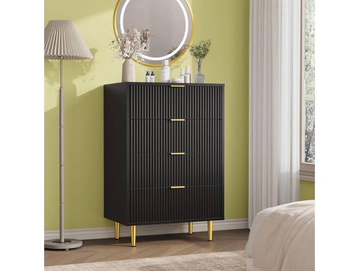 GarveeMore Elegante Kommode mit Wellenfront – Moderner Nachttisch/Sideboard mit 4 Schubladen, goldenen Griffen & Metallfüßen – Viel Stauraum aus 15mm Platte Schwarz