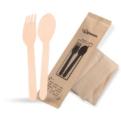VEPATIM 50 Einweg Bestecksets aus Holz kompostierbar 3-teilig Gabel Löffel Serviette hygienisch verpackt 50 Sets