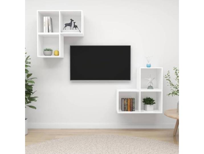 4-tlg. TV-Schrank-Set Weiß Holzwerkstoff Wandmontage Stauraum Organisation