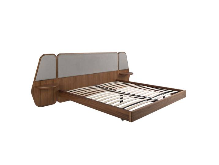 Lit double élégant en noyer et tissu gris