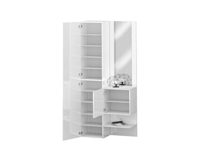 Kompaktgarderobe >Anzio< moderne Kompaktgarderobe, aus melaminharzbeschichteter Spanplatte, in Weiß Hochglanz mit 2 Türen, 8 Einlegeböden, 2 Ablageböden, 1 Spiegel - 90x191x35cm (BxHxT), Made in Italy
