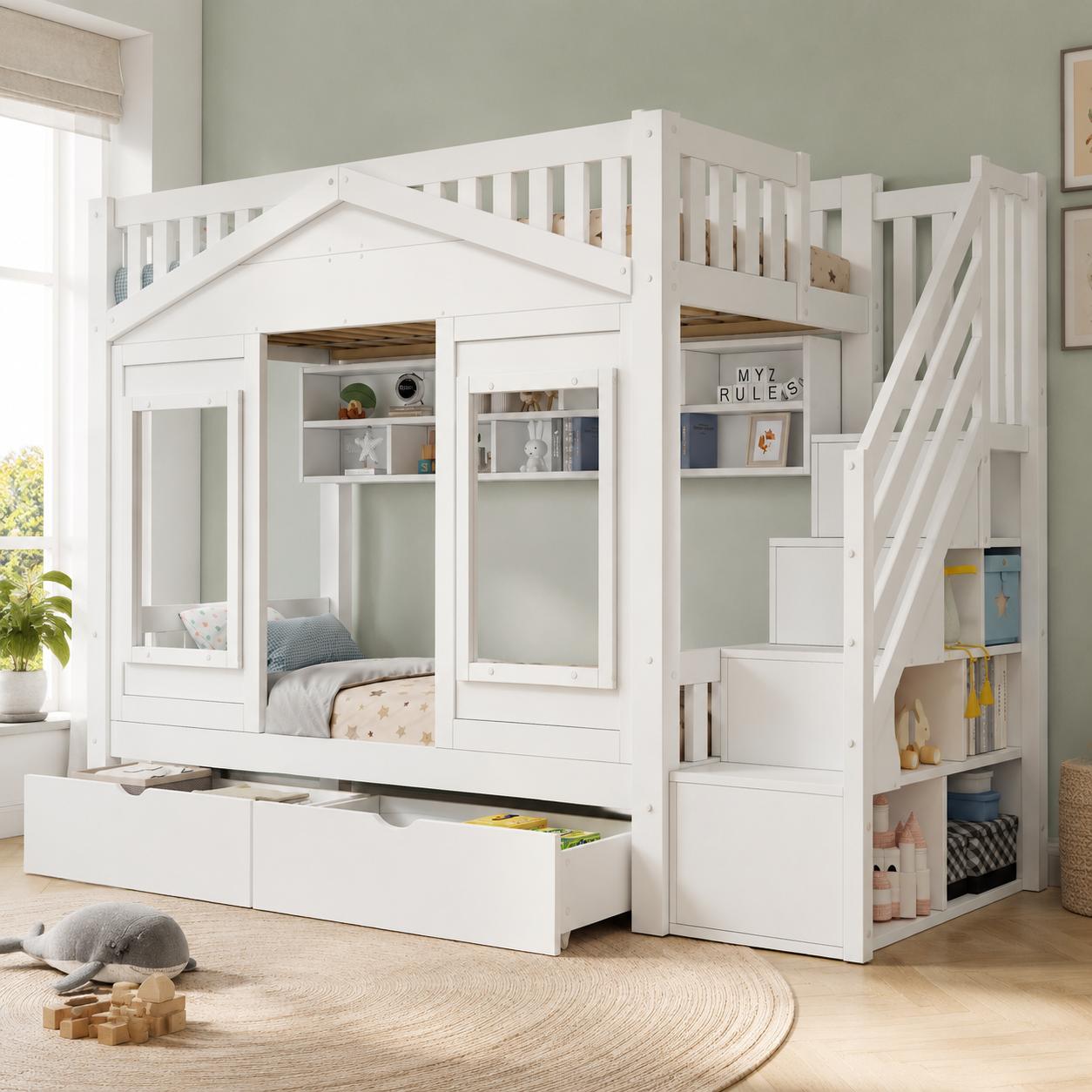 STILVORA Etagenbett 90x200cm mit einer Matratze Jugendbett mit Rausfallschutz und Stauraumtreppe, Hochbett mit Fenster und Massivholz, Kinderbett Weiß