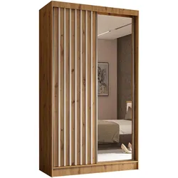 KLEIDERSCHRANK mit Spiegel-Schiebetüren und Aluminium-Leisten - LAMELO - 120 cm Artisan+Artisan+Weiß