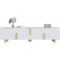 OKWISH TV-Schrank 180x40x44cm Weiß Holzfarbe MDF PB Stauraum Türen Massivholzfüße Marmoroptik Modern Minimalistisch