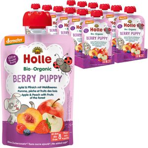 Holle Fruchtpüree Berry Puppy, 100% Frucht demeter, BIO, Apfel, Pfirsich & Waldbeeren, je 100 g, 12 Stück