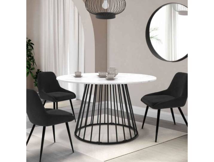 IDMARKET Table à manger ronde YUNA 6 personnes pied filaire en métal noir et plateau effet marbre blanc ALASKA 110 cm