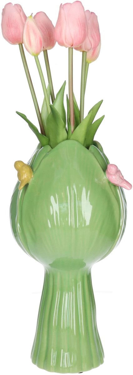 Countryfield Vaas Tulip met vogel, aardewerk, groen, B: 18 cm, H: 32 cm