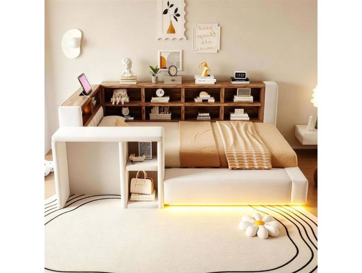 Lit Rembourré - WESTYLE - Lit Rembourré Avec Rangement - 90x200 cm - LED intégrée - Prises USB