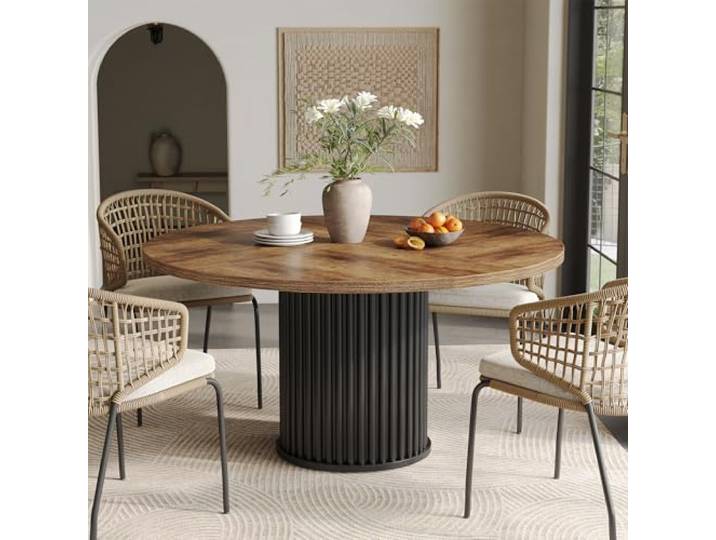 LITTLE TREE 120 cm runder Esstisch für 4–6 Personen, großer braun-schwarzer Esstisch, industrieller Gartentisch mit hochbelastbarem gerilltem Säulenfuß, runder Holzküchentisch für Wohnzimmer