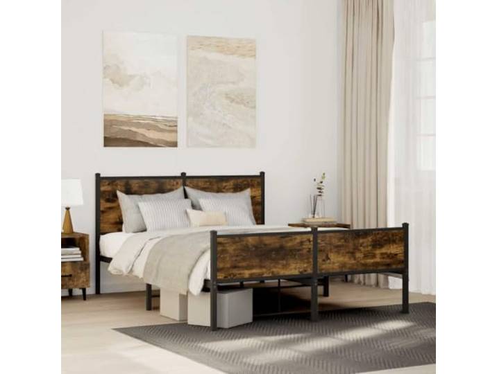 Stahl Metallbettgestell stabil Schlafzimmer klassisch Lattenrost 137x190 cm Metallbett ohne Matratze Räuchereiche 137x190 cm Stabil Stahlgestell mit Lattenrost Stauraum Bettgestell