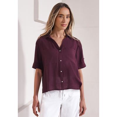 Hemdbluse STREET ONE, Damen, Gr. 38, lila (rustic rouge), Web, Obermaterial: 85% Viskose, 15% Nylon, unifarben, hüftbedeckend, mit Riegel, Blusen Hemdbluse, Kann auch offen gestylt werden