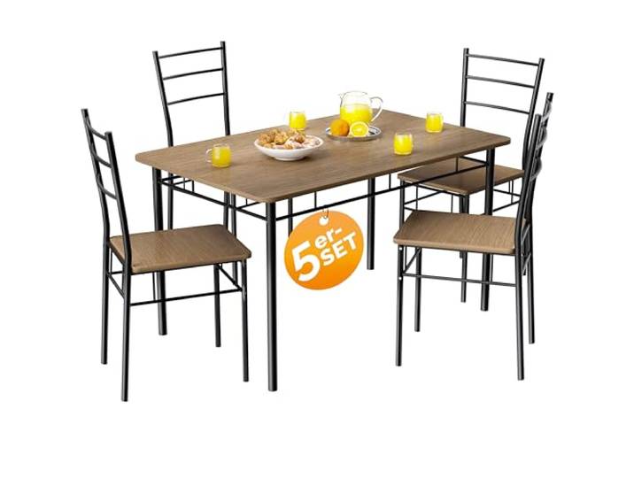 CASARIA Essgruppe mit 4 Stühlen, Braun 5-tlg. Set, 110x70cm, Metall, Holz, Industrial, Modern, Esstisch mit 4 Stühlen, Sitzgruppe, Tisch, Stühle, Esszimmer, Küche