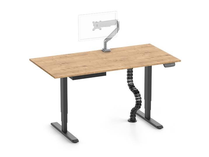 PRIMUS + Slimline Schublade, Kabelschlange & Halter 160x80 Schwarz Eiche Monitorarm silber