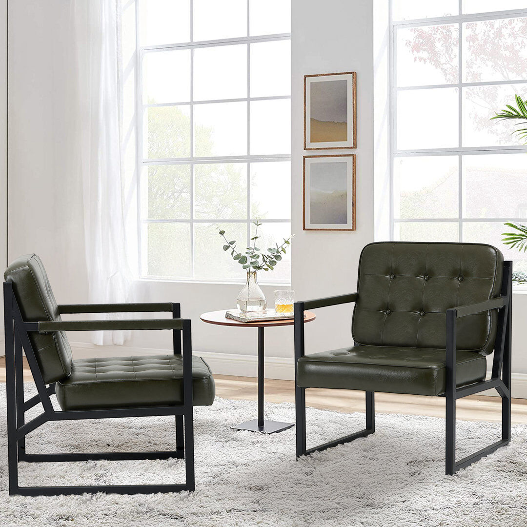 17 Stories Modern Faux Leather Tufted Back Accent Chair with Metal Farme Green Faux Leather 83.4cm H X 66.4cm W X 72.9cm D