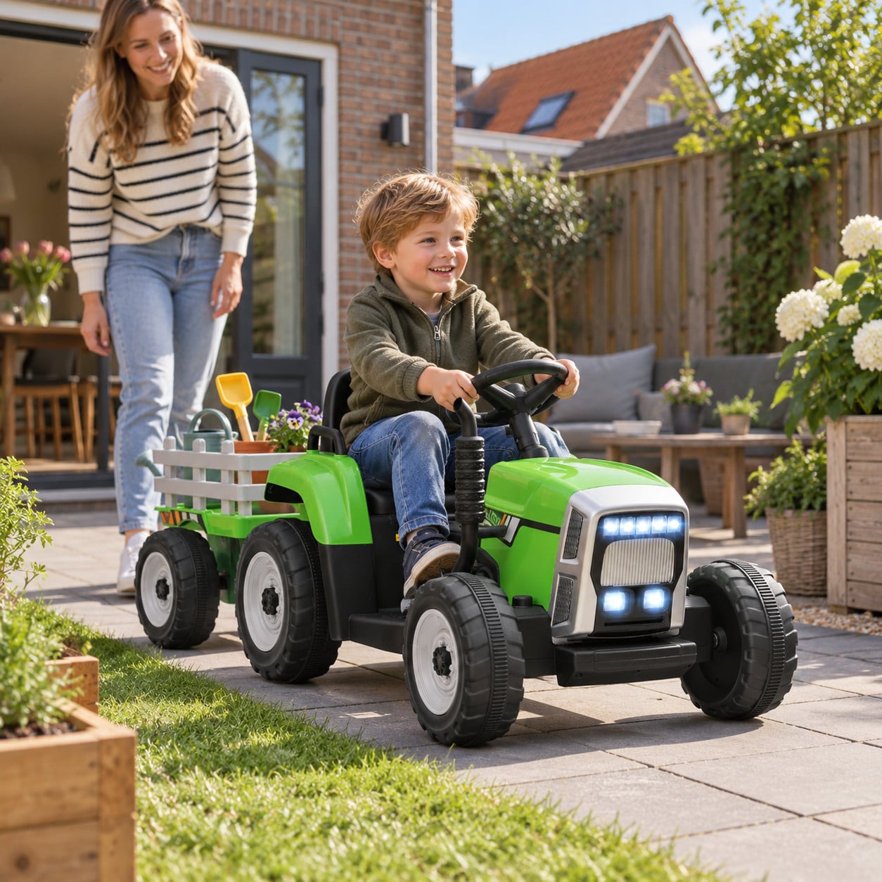 HOMCOM elektrische kinderauto kindertractor met afstandsbediening, groen/zwart
