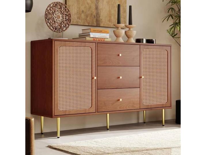 Commode - KOMHTOM - 150x40x90cm - Rotin Noyer - 2 portes 3 tiroirs - Étagère réglable