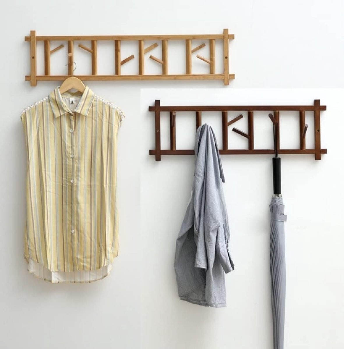 Set van 2 Wandgarderobe Haken van Natuurlijk Bamboe in Hout Bruin