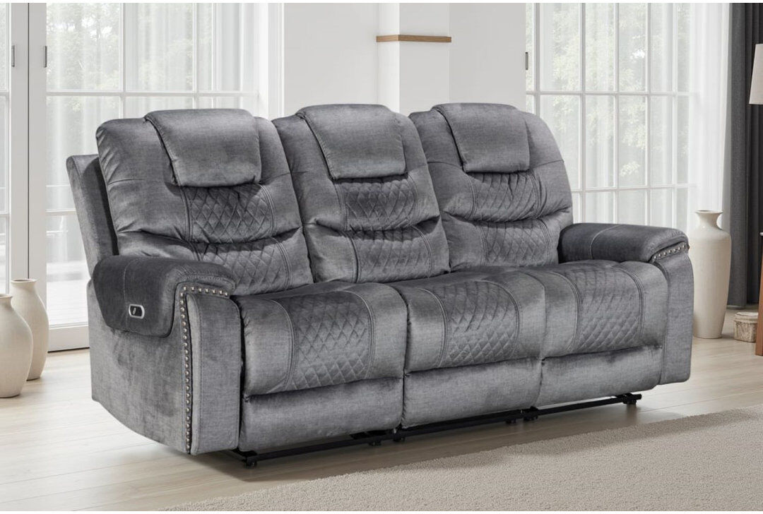 Latitude Run Bostin 3 Seater Chenille Electric Reclining Sofa Grey 3