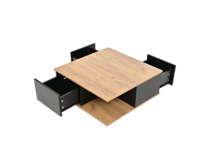 Couchtisch 70x70x31,5 cm mit 3 Schubladen Schwarz 360° drehbar, 70x70x36 cm, Spanplatte mit UV-Beschichtung, weiß + Walnuss, integrierte Schublade, Innenbereich