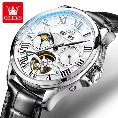 Inspired Finds OLEVS 7013 Luxury Automatic Mechanical Watch For Men Moon Phase, Skeleton Flywheel, Waterproof leather White