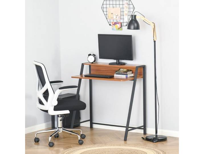 Bureau informatique - 84 x 45 x 85 cm (noyer) - plateau 2 niveaux - passe-câbles - pieds métal