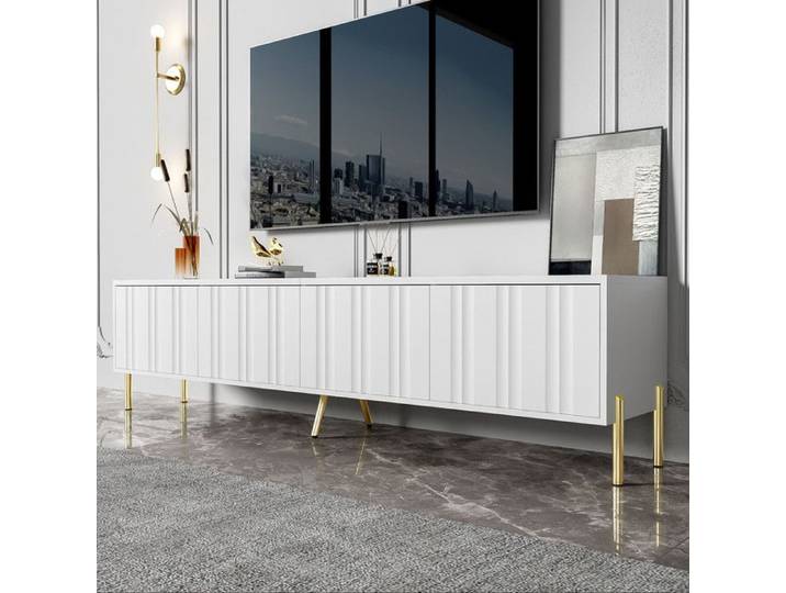 Meuble TV 190 cm meuble télé blanc 190x38x48 cm avec pieds dorés Meuble salon moderne blanc