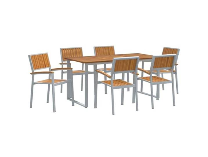 HKLGBVCR Gartenmöbel-Set, 7-teilig, Grau, Massivholz, Akazienholz Geräumiger rechteckiger Tisch, Armlehnenstühle aus Akazienholz, robuster Stahlrahmen, modernes geometrisches Design, Pflege