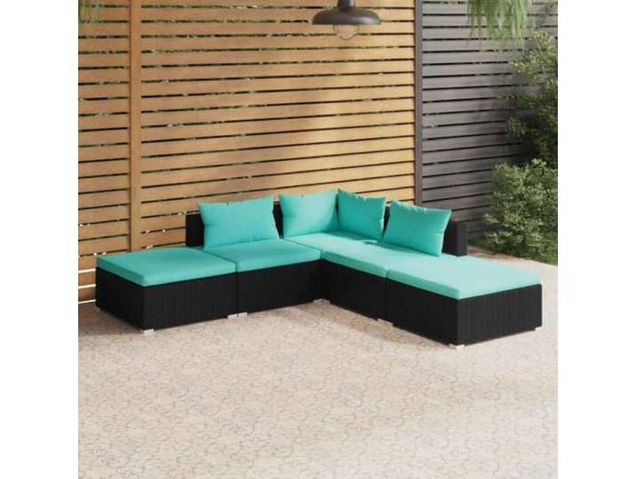 WDGJJFECNMUEHI Résine tressée imperméable Salon modulaire Acier enduit Noir Salon de jardin 5 pcs avec coussins bleu Resine tressee noir ensemble canape exterieur modulaire avec pouf pour terrasse