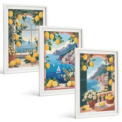 BILDER SET 3er Set - 40x60 cm Weißer Rahmen - Meerblick, italienische Zitronen