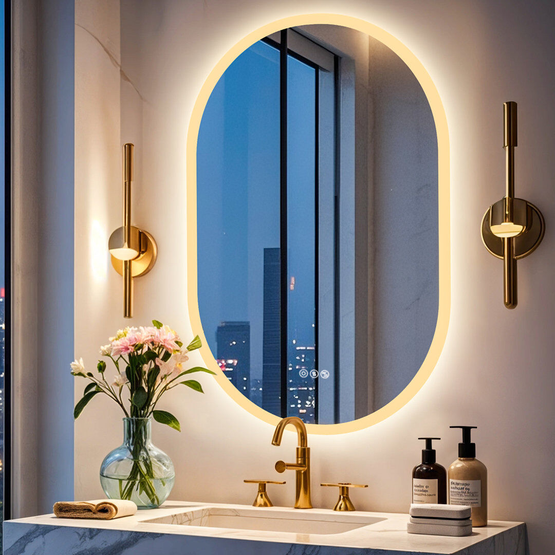 Metro Deovion Oval LED Bathroom Mirror Dimmable Light with Bluetooth Speaker 90cm H X 60cm W X 4cm D