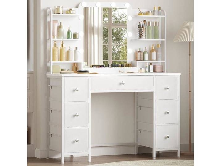 Hzuaneri Coiffeuse avec éclairage LED et grand miroir HD 7 tiroirs et 6 étagères Blanc 40x108x142 cm