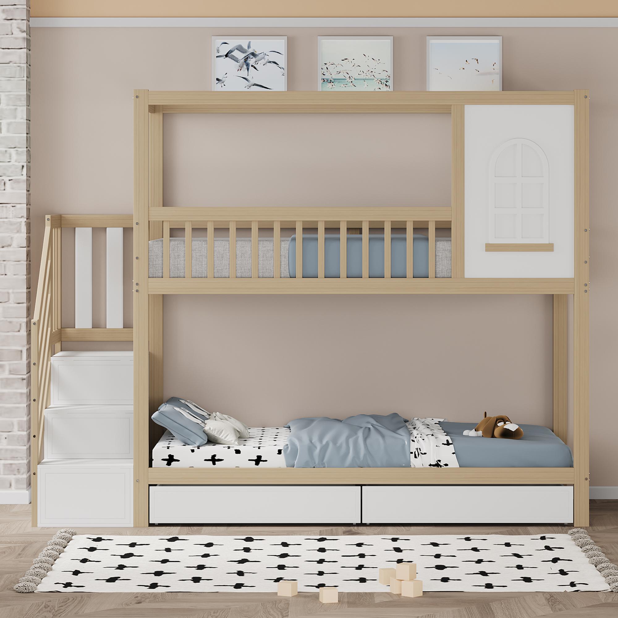 okwish Etagenbett Kinderbett 90x200cm, Massivholzlbett mit Fenstern, Sicherheitszaun-Design, Mit Aufbewahrungsschubladen und Sicherheitsleiter, Jungen-Mädchen-Bett, Teenager-Bett, Naturbelassen
