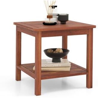 Costway Double-Tier Acacia Wood Patio Side Table with Slatted Tabletop and Shelf