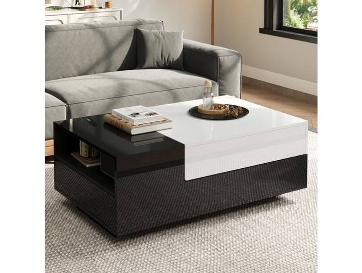 Table basse relevable IVMEU 100 x 50 x 38 cm 2 tiroirs rangement latéral blanc noir brillant