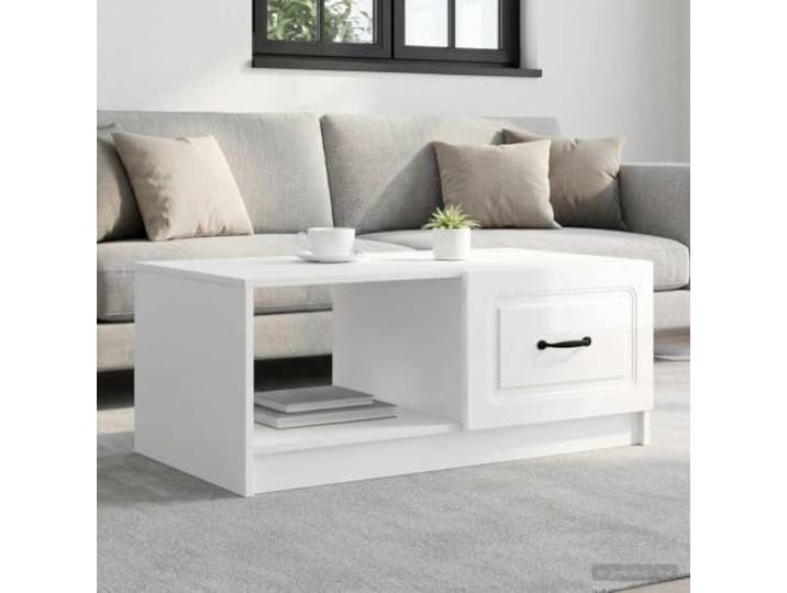 TEKGHUT Couchtisch Holzwerkstoff Weiß 90x50x37 cm mit Schwenktüren Vintage-Stil, rechteckige Form, schwarze Griffe, pflegeleichte Oberfläche, kompakte Maße