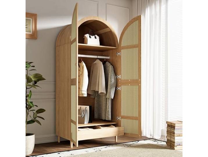 Elaimoros Moderner Kleiderschrank mit gebogenen Türen，Natur Großzügiger Stauraum , Mit Kleiderstange und Schubladen ,Geeignet für Schlafzimmer und Eingangsbereiche