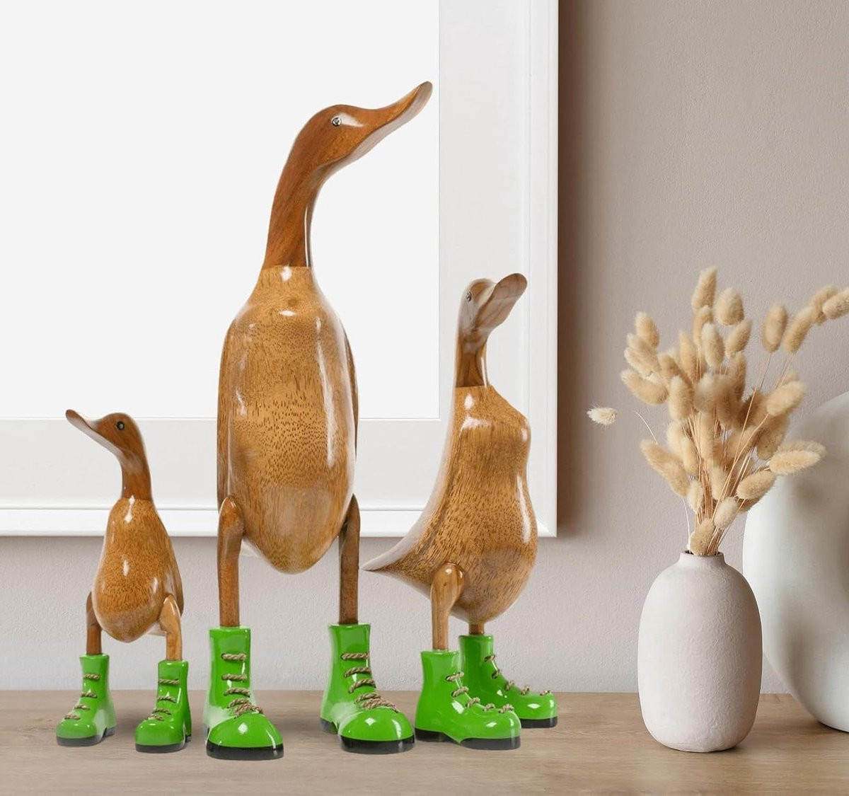 Handgesneden houten eend decoratie - Groen - Hoogte: 26 cm