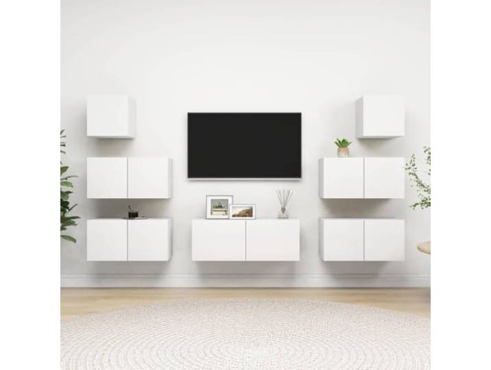 HEFZGDB 7-TLG. TV-Schrank-Set in Weiß aus Holzwerkstoff mit modernem Design und großem Stauraum, Wandmontage, robuste Aufbewahrungsmöbel für Wohnzimmer, Zeitlose Ergänzung