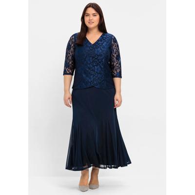 Abendkleid SHEEGO "Abendkleid", Damen, Gr. 44, Normalgrößen, blau (marine), 100% Polyester, unifarben, lang, V-Ausschnitt, Kleider Abendkleid