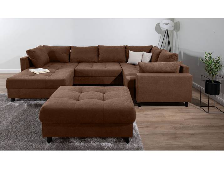 Wohnlandschaft COLLECTION AB Toni U-Form, B: 298 cm , kaffeebraun, B:298cm H:44cm T:203cm, 100%Polyester, Sofas, Wohnlandschaft, Set: Sofa & Hocker, 2 Zierkissen, Federkern