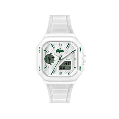 Chronograph LACOSTE "LC33 SQUARE", weiß, Armbanduhren, Herren, Chronograph, Quarzuhr, Armbanduhr, Herrenuhr, Silikonarmband, digital, analog