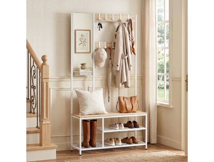 HOMCOM Porte-Manteau Banc Miroir 8 Crochets Métal Bois Entrée