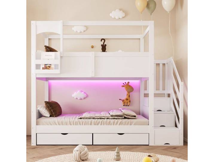 Lit superposé avec échelle de rangement tiroirs et tableau créatif pour enfants 90x200